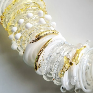 Artisan white and gold glass disc beads with 24k gold leaf and textured droplets, handmade bridal style glass beads, bridal jewellery beads