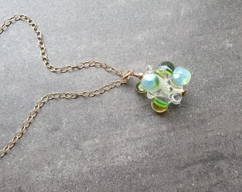 Iridescent Glass and Gold Necklace | Delicate Green/Blue Lampwork Glass Pendant on Gold Fill Chain