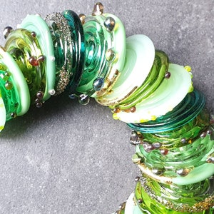 Handmade Artisan Green Glass Discs | Organic Lampwork Glass Beads with 24k Gold and Fine Silver for jewelry makers