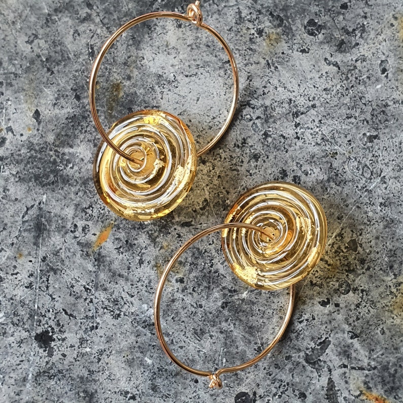 Contemporary Lampwork Glass Disc and Gold Hoop Earrings Amber Murano Glass with 24k Gold Leaf image 2
