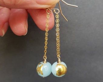 Blue Murano Glass Drop Earrings: Gold Leaf & Gold Fill Chain