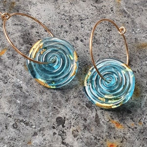 Contemporary Lampwork Glass Disc and Gold Hoop Earrings Amber Murano Glass with 24k Gold Leaf image 6