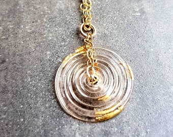 Glass disc necklace, gold and glass pendant, handmade artisan jewelry, contemporary minimal necklace