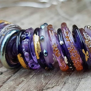 Murano Glass Discs Handmade in Purple shades with 24k Gold leaf and fine Silver detail | Boho Lampwork Glass Beads for jewelry making