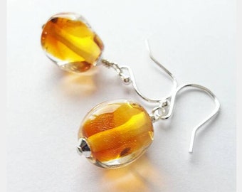 Handmade Honey Amber glass droplet earrings, murano glass, contemporary earrings, sculptural pebble shaped earrings, minimal earrings