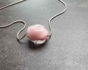 Light Pink Pebble Necklace | Contemporary Organic style Glass Pendant on Silver Snake Chain
