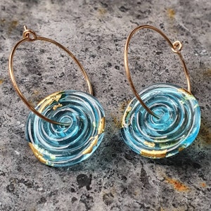 Contemporary Lampwork Glass Disc and Gold Hoop Earrings Amber Murano Glass with 24k Gold Leaf Teal