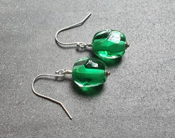 Emerald Green Glass Pebble Drop Earrings | Organic style Lampwork Glass and Sterling Silver Dangle Earrings