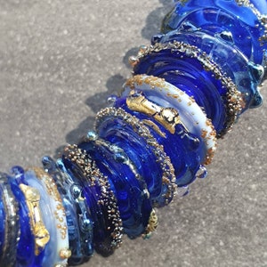 Glass disc beads, rich shades of intense blue, with 24k gold leaf and fine silver accents, lampwork glass discs, handmade blue disc beads image 7
