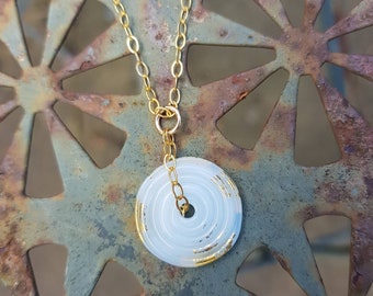 Minimal glass disc and gold leaf necklace, layering necklace, gift for her, delicate contemporary jewelry