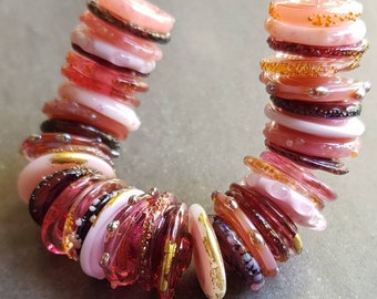 Handmade Lampwork Murano Glass Discs in shades of pink with 24k gold leaf and silver glass frit details | Ornate Organic style Boho Beads