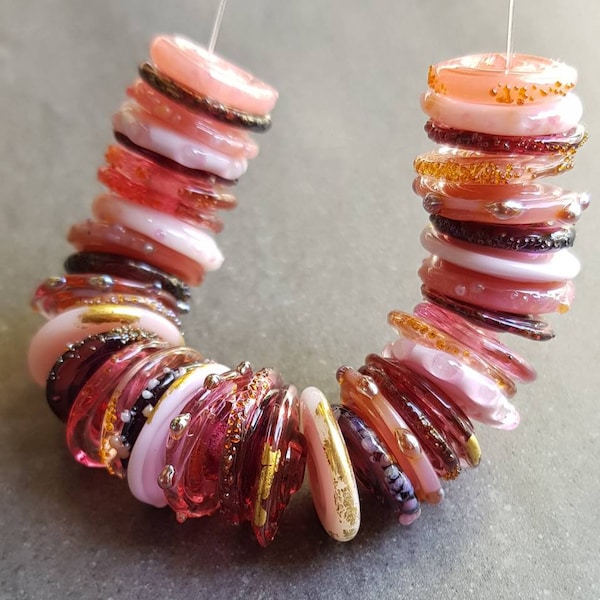 Handmade Lampwork Murano Glass Discs in shades of pink with 24k gold leaf and silver glass frit details | Ornate Organic style Boho Beads