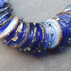 Glass disc beads, rich shades of intense blue, with 24k gold leaf and fine silver accents, lampwork glass discs, handmade blue disc beads image 3