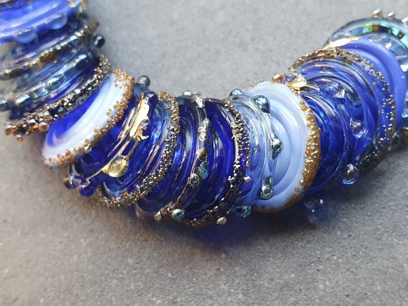 Glass disc beads, rich shades of intense blue, with 24k gold leaf and fine silver accents, lampwork glass discs, handmade blue disc beads image 3