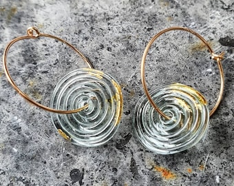 Contemporary Lampwork Glass Disc and Gold Hoop Earrings | Grey Murano Glass with 24k Gold Leaf