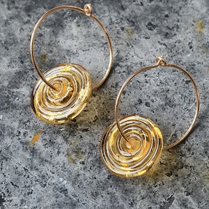 Contemporary Lampwork Glass Disc and Gold Hoop Earrings Amber Murano Glass with 24k Gold Leaf Gold