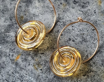 Contemporary Lampwork Glass Disc and Gold Hoop Earrings | Amber Murano Glass with 24k Gold Leaf