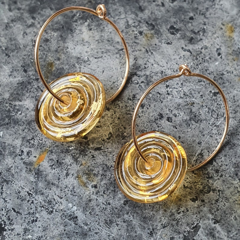 Contemporary Lampwork Glass Disc and Gold Hoop Earrings Amber Murano Glass with 24k Gold Leaf Gold