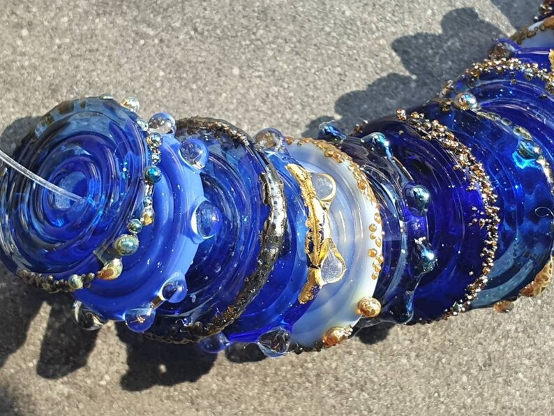 Glass disc beads, rich shades of intense blue, with 24k gold leaf and fine silver accents, lampwork glass discs, handmade blue disc beads image 9
