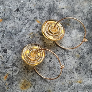 Contemporary Lampwork Glass Disc and Gold Hoop Earrings Amber Murano Glass with 24k Gold Leaf image 3