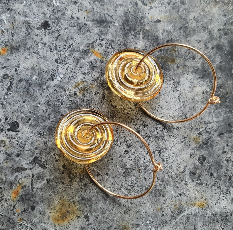 Contemporary Lampwork Glass Disc and Gold Hoop Earrings Amber Murano Glass with 24k Gold Leaf image 3