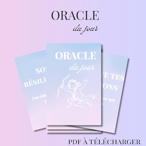 Puede incluir: Tres cartas de oráculo con un fondo degradado azul y rosa. Las cartas muestran el texto "ORACLE du jour" y "PDF À TÉLÉCHARGER". Una carta presenta una ilustración blanca de un querubín.