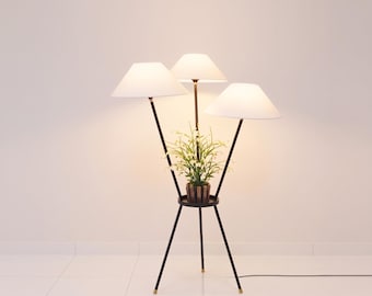 Floor Lamp Matte Black in Modern 3 Light Floor Lamp with Plain White Fabric Shades & Plant Stand, Designer Standing Lamp for Living Room