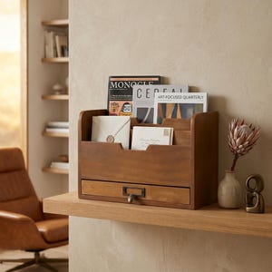 Puede incluir: Un organizador de escritorio de madera con múltiples compartimentos y un cajón. El organizador contiene revistas, sobres y una flor decorativa en un jarrón. El cajón tiene un tirador de metal. Las revistas incluyen "Monocle" y "Cereal Art-Focused Quarterly".