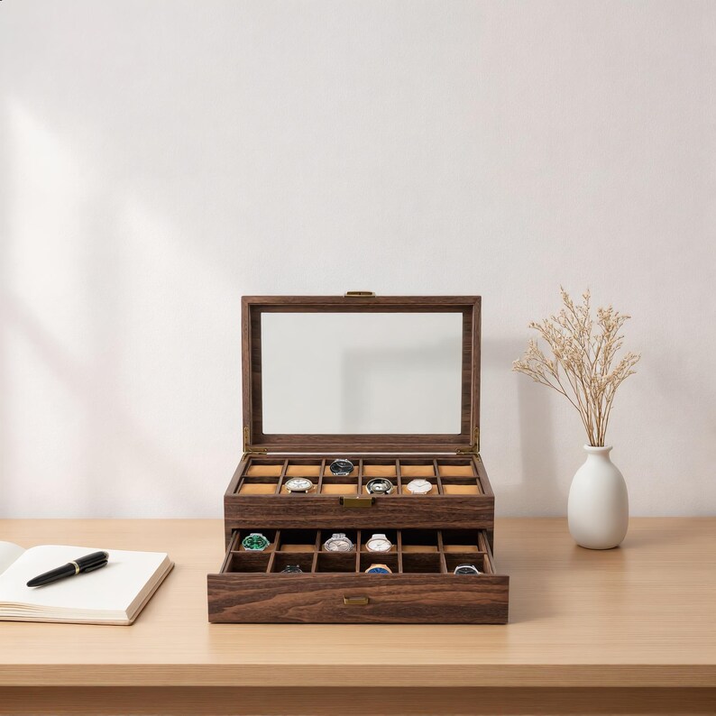 24 Compartment Watch Box Organizer, PU Leather Display Case, Glass Top ...