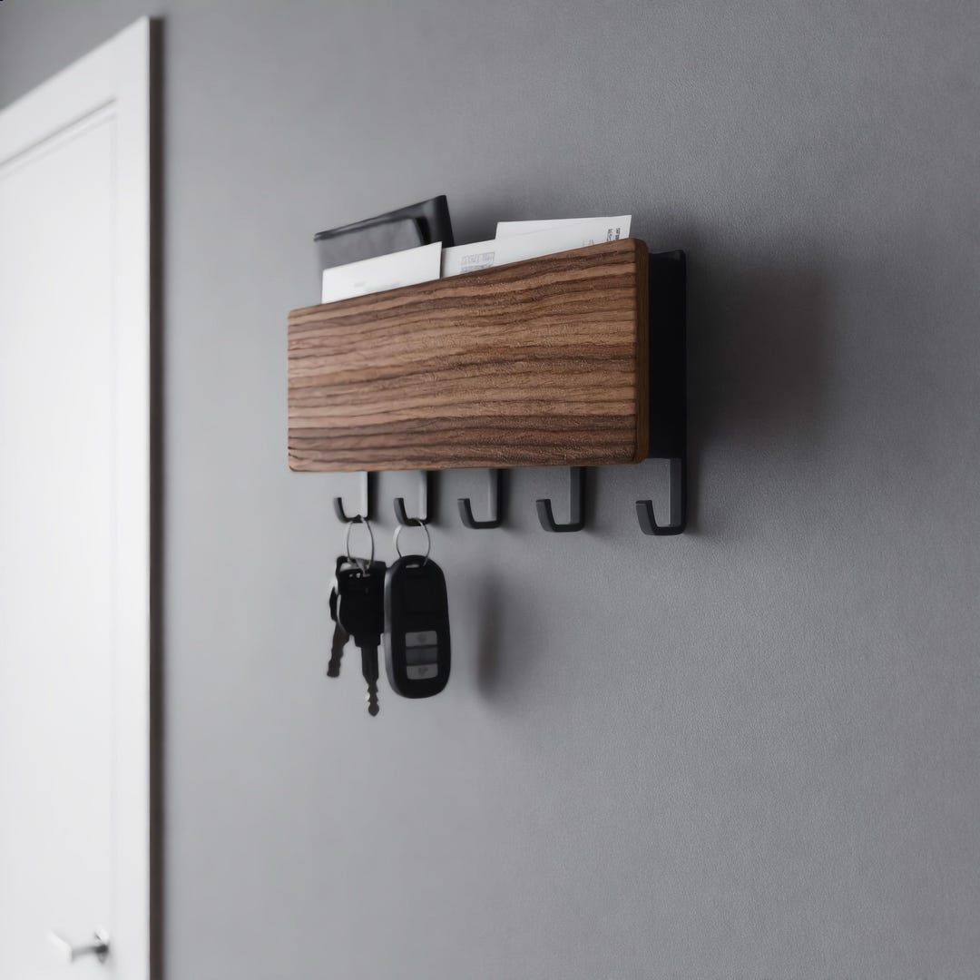 Bamboo Entryway Key Holder Rack, Minimalist Wall Organizer With Hooks ...