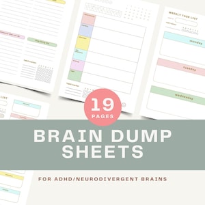 Könnte beinhalten: 19-seitige Brain Dump Sheets für Menschen mit ADHS und neurodivergenten Gehirnen. Die Blätter enthalten eine Prioritätsmatrix, tägliche Zeitblöcke und wöchentliche Aufgabenlisten. Weiße Seiten mit Pastellakzenten und Text.
