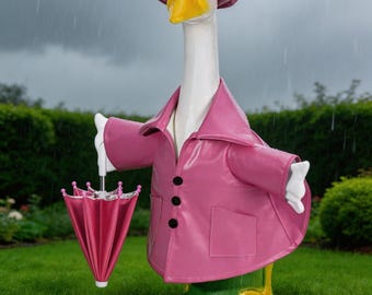 Adorno de ganso para porche, adorno de ganso con impermeable de estilo británico, adorno de ganso para patio con temática de impermeable, disponible en amarillo y rosa.