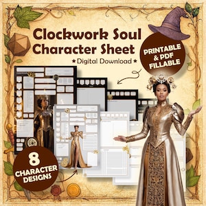 Clockwork Soul Sorceress Character Sheet |  DnD 5e Printable & Fillable PDF (Female Character Art)