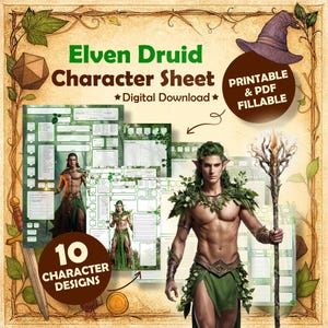 May include: An Elven Druid Character Sheet digital download with 10 character designs. The image features a male elf with green hair and clothing, holding a staff. The text includes "Printable & PDF Fillable."