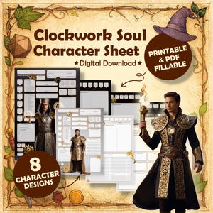 Clockwork Soul Sorcerer Character Sheet |  DnD 5e Printable & Fillable PDF (Male Character Art)