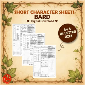 May include: A digital download of short character sheets for a bard, featuring three white paper forms with black text and lines. The background is a tan parchment texture with a brown vine and leaf border. Text includes A4 & US LETTER SIZES.