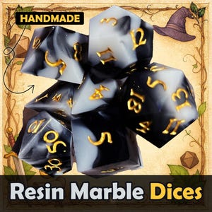 Juego de dados de resina hechos a mano para D&D / Mármol blanco y negro con números dorados / Dados para juegos de rol de mesa