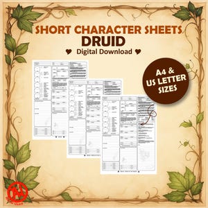 Pode incluir: Um download digital de fichas de personagem Druida com três páginas brancas, texto e campos pretos, emolduradas por vinhas e folhas castanhas. O texto diz SHORT CHARACTER SHEETS DRUID Digital Download e A4 & US LETTER SIZES.