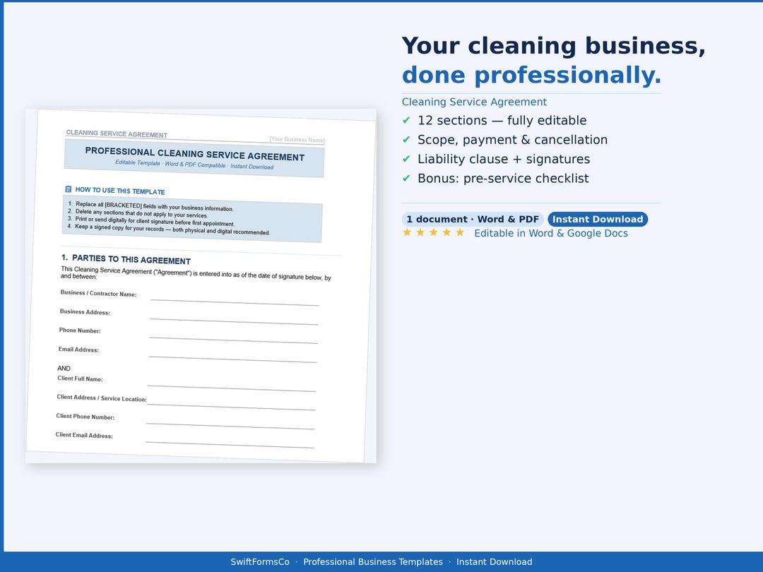 Cleaning Service Agreement Template | Editable Contract (word/pdf) - Etsy
