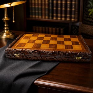Puede incluir: Un juego de ajedrez de madera con un borde tallado con un diseño de hojas y uvas. El tablero de ajedrez tiene cuadrados claros y oscuros alternados. El juego se exhibe sobre una superficie de madera oscura, lo que sugiere un estilo clásico o vintage.