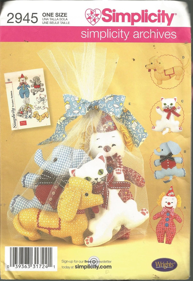 Pattern Simplicity 2945 Stuffed Animal Toys 9"-12" Clown Elephant Dog ...