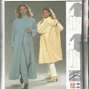 May include: A Burda Easy sewing pattern envelope for a coat, model 8878, featuring illustrations of a long light blue coat and a shorter cream-colored hooded coat. The package includes European sizes 36-50 and US sizes 10-24, with text indicating seams and hems are included.