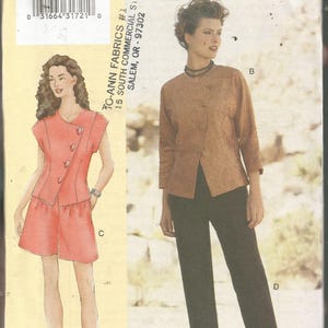 May include: A sewing pattern featuring two women's outfits. One is a coral-colored, short-sleeved top and skirt set. The other is a brown jacket with black pants. The pattern is labeled "Today's Fit" by Sandra Betzina.