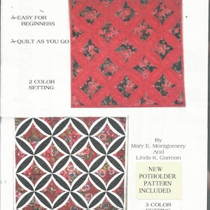 May include: A quilting pattern instruction sheet titled FAST & EASY CATHEDRAL WINDOWS 18" X 18" WALLHANGING by Mary E. Montgomery and Linda K. Garmon. It displays two square quilt designs with floral fabric centers and solid red or black borders.