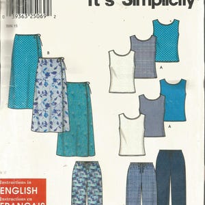 May include: A sewing pattern with the text "It's SO EASY it's Simplicity" features illustrations of various clothing items. The pattern includes skirts, tank tops, and pants in different colors and patterns. Instructions are available in English, French, and Spanish.