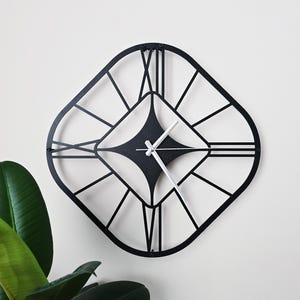 Large Metal Wall Clock, Modern Mid Century Black Silent Clock, Unique Square Frame Timepiece with Roman Numeral, Artistic Housewarming Gift