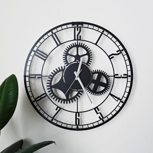 Large Metal Wall Clock, Industrial Gear Black Timepiece, Steampunk Skeleton Decor with Classic Numeral, Oversized Mechanical Silent Clock