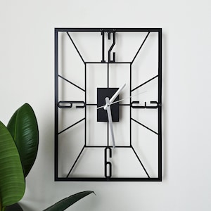 Large Metal Wall Clock, Modern Mid Century Rectangular Timepiece, Industrial Black Silent Home Wall Decor with Classic Numbers