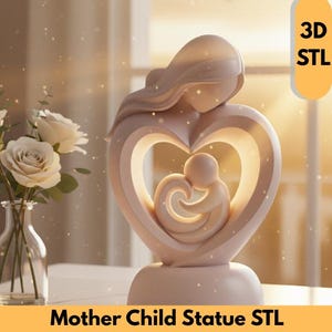 May include: A light pink Mother Child Statue STL. The statue shows a mother and child embraced within a heart-shaped design. The statue has a smooth finish and is illuminated from within. The text "3D STL" is in a yellow rectangle.