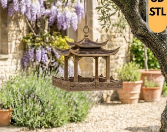 Comedero para pájaros con forma de pagoda (archivo STL), decoración colgante para jardín, modelo imprimible en 3D.
